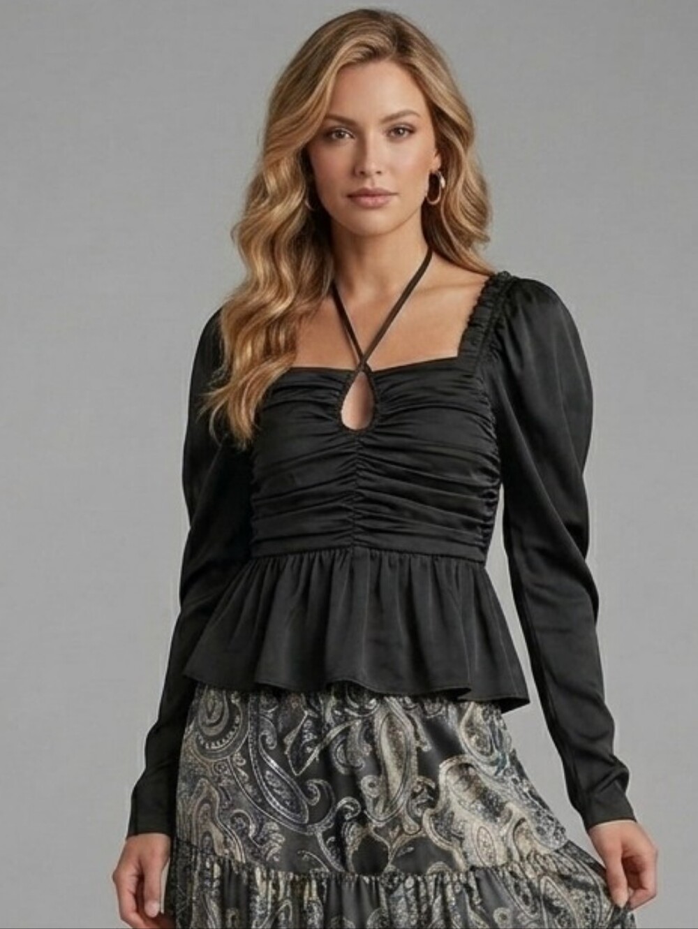 NWT Six/Fifty Renaissance Fair Blouse The Ruby Black Balloon Sleeve Smocked Back